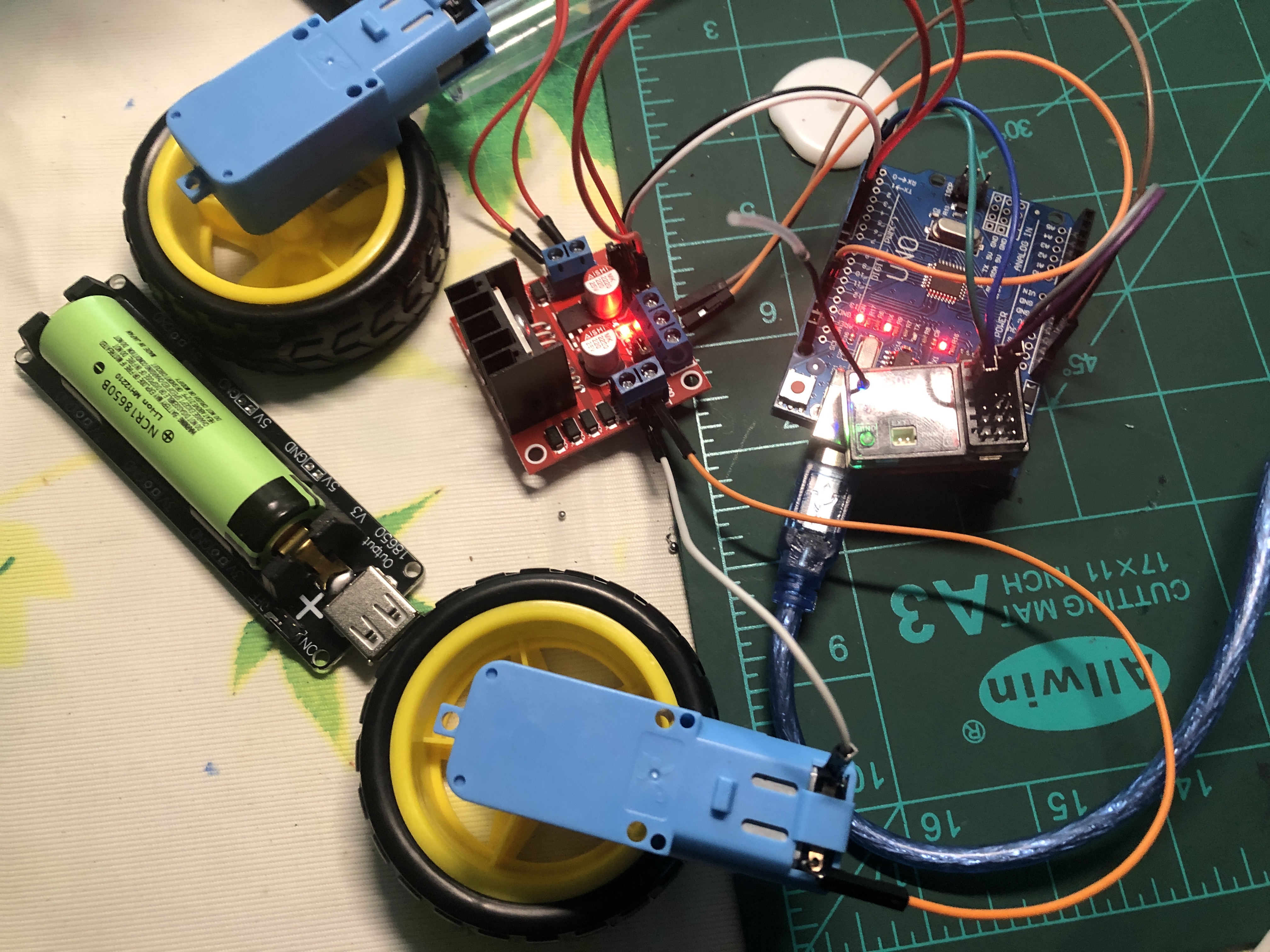 Sumo robot wheels, battery, and electronics
